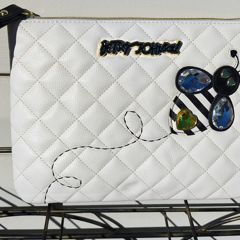 Betsey Johnson White Quilted Clutch with Gem Bee